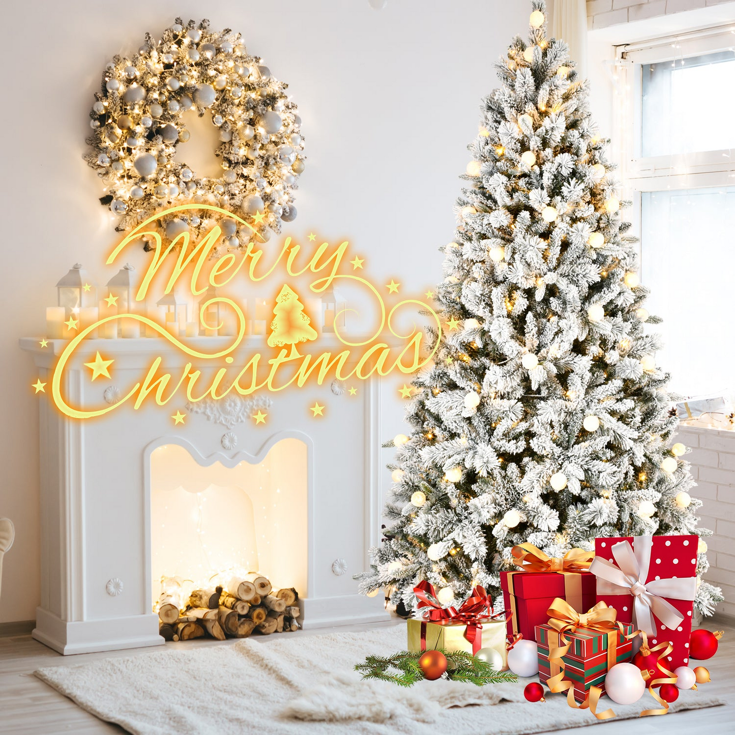 8FT PE+PVC Floceked Christmas Tree with Easy Power & Memory Wire Technology, 470 Dual-Color LEDs With 10 Function, G45 Bulbs, and 1793 Tips , Innovative Holiday Experience!