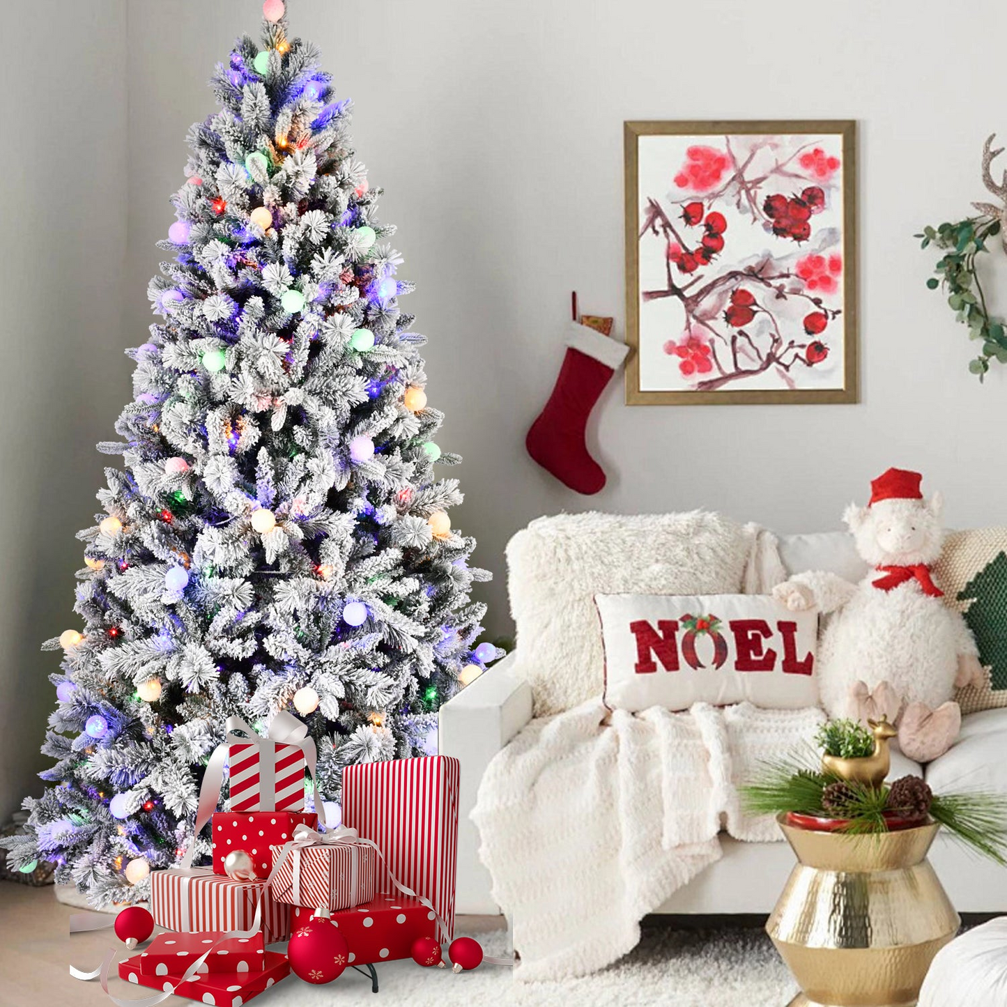 8FT PE+PVC Floceked Christmas Tree with Easy Power & Memory Wire Technology, 470 Dual-Color LEDs With 10 Function, G45 Bulbs, and 1793 Tips , Innovative Holiday Experience!