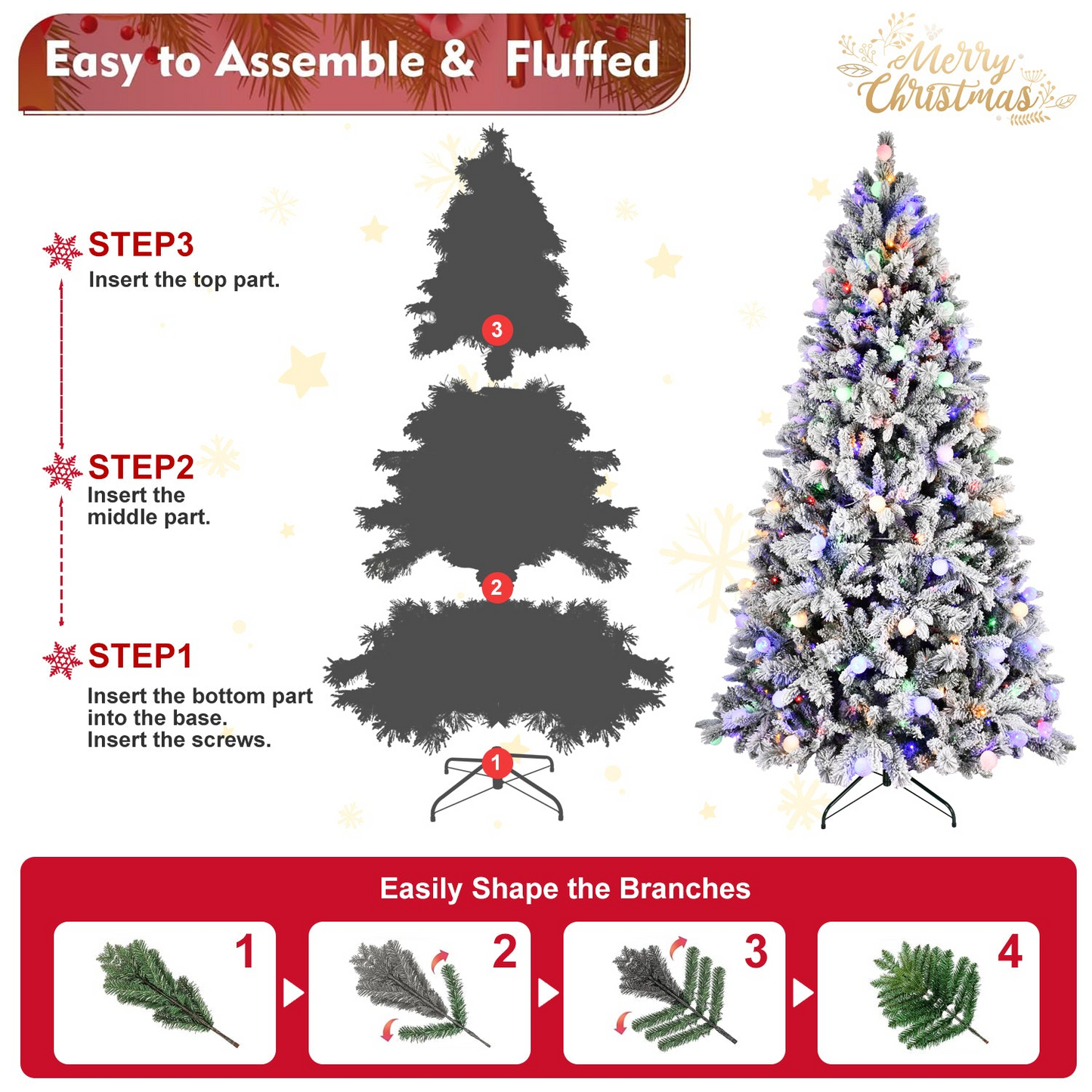 8FT PE+PVC Floceked Christmas Tree with Easy Power & Memory Wire Technology, 470 Dual-Color LEDs With 10 Function, G45 Bulbs, and 1793 Tips , Innovative Holiday Experience!
