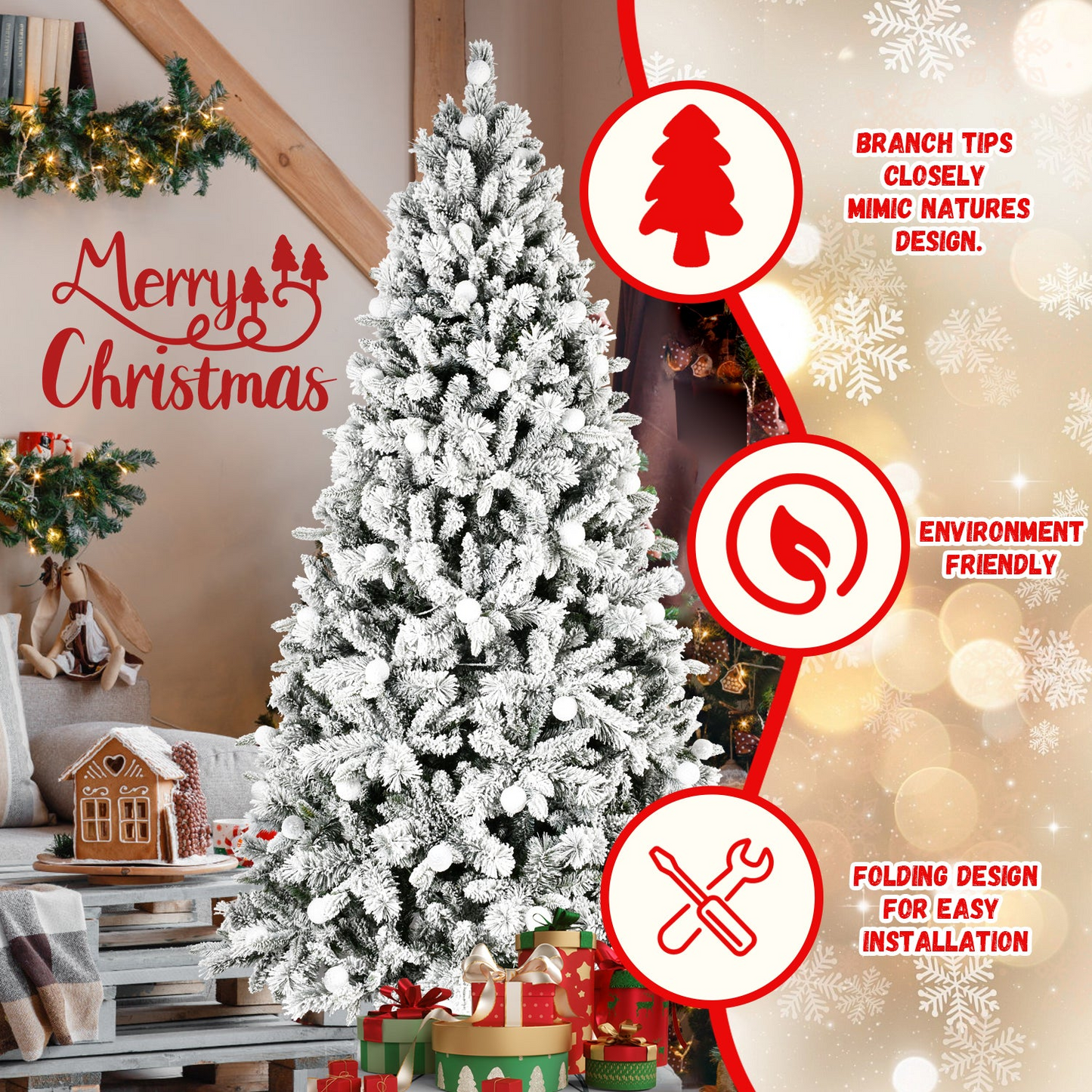8FT PE+PVC Floceked Christmas Tree with Easy Power & Memory Wire Technology, 470 Dual-Color LEDs With 10 Function, G45 Bulbs, and 1793 Tips , Innovative Holiday Experience!