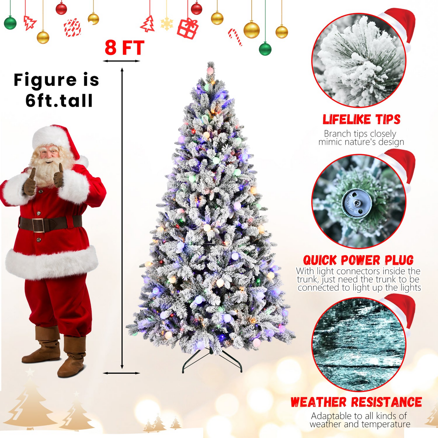 8FT PE+PVC Floceked Christmas Tree with Easy Power & Memory Wire Technology, 470 Dual-Color LEDs With 10 Function, G45 Bulbs, and 1793 Tips , Innovative Holiday Experience!