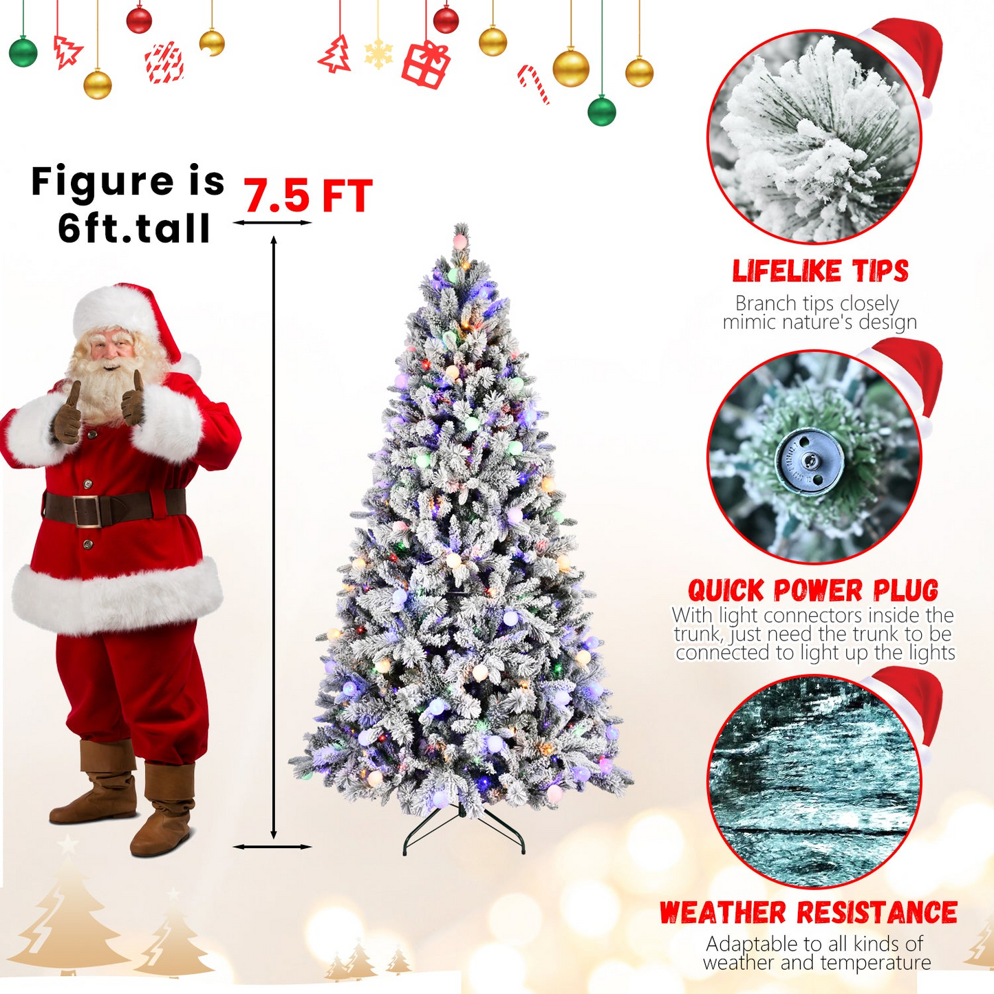 8FT PE+PVC Floceked Christmas Tree with Easy Power & Memory Wire Technology, 470 Dual-Color LEDs With 10 Function, G45 Bulbs, and 1793 Tips , Innovative Holiday Experience!