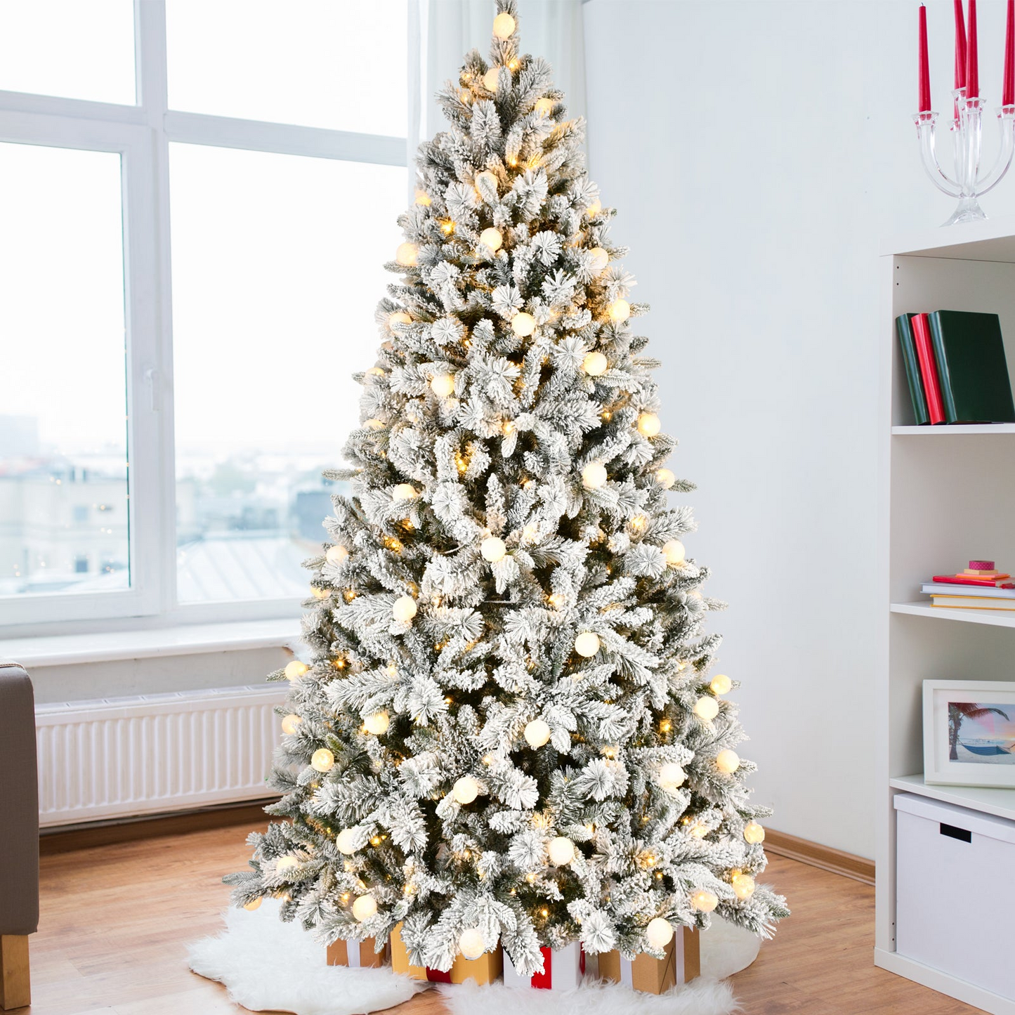 8FT PE+PVC Floceked Christmas Tree with Easy Power & Memory Wire Technology, 470 Dual-Color LEDs With 10 Function, G45 Bulbs, and 1793 Tips , Innovative Holiday Experience!
