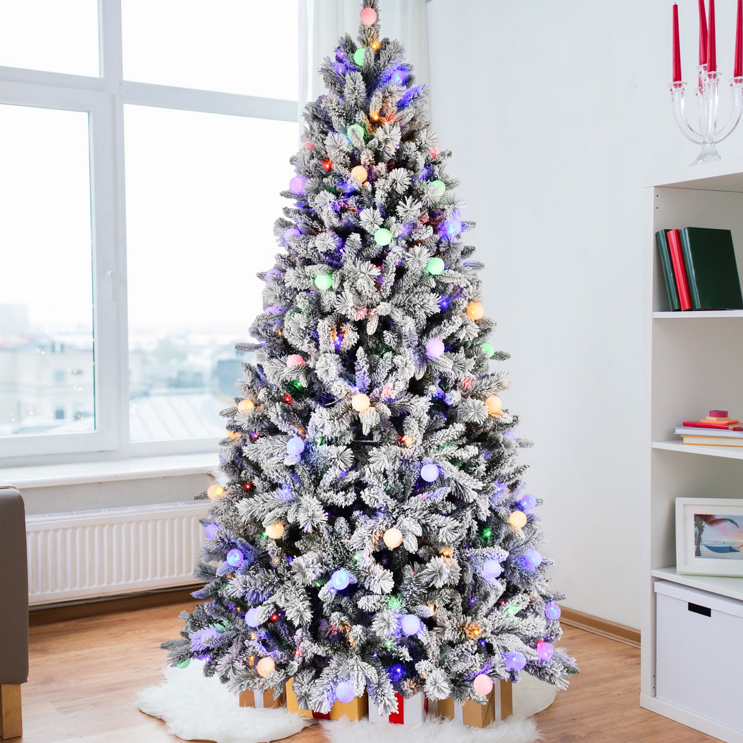 8FT PE+PVC Floceked Christmas Tree with Easy Power & Memory Wire Technology, 470 Dual-Color LEDs With 10 Function, G45 Bulbs, and 1793 Tips , Innovative Holiday Experience!