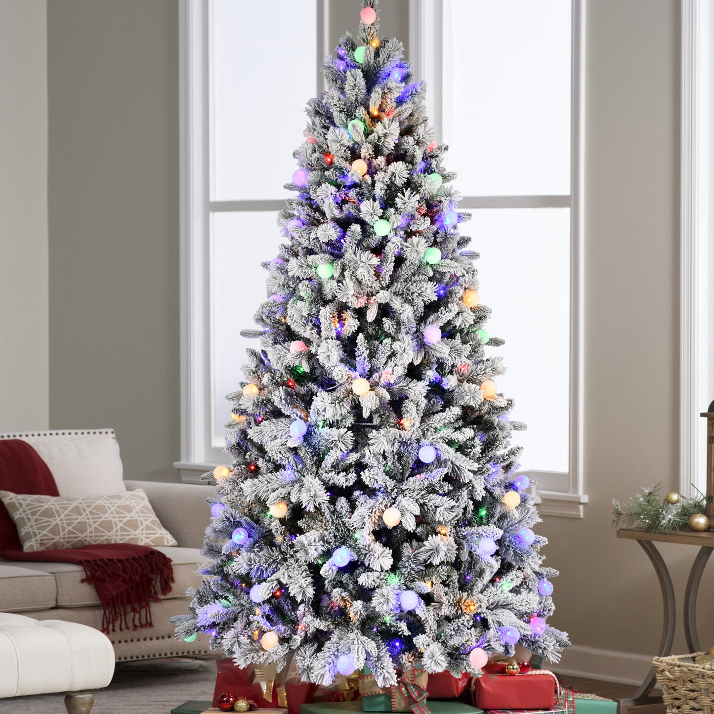 8FT PE+PVC Floceked Christmas Tree with Easy Power & Memory Wire Technology, 470 Dual-Color LEDs With 10 Function, G45 Bulbs, and 1793 Tips , Innovative Holiday Experience!