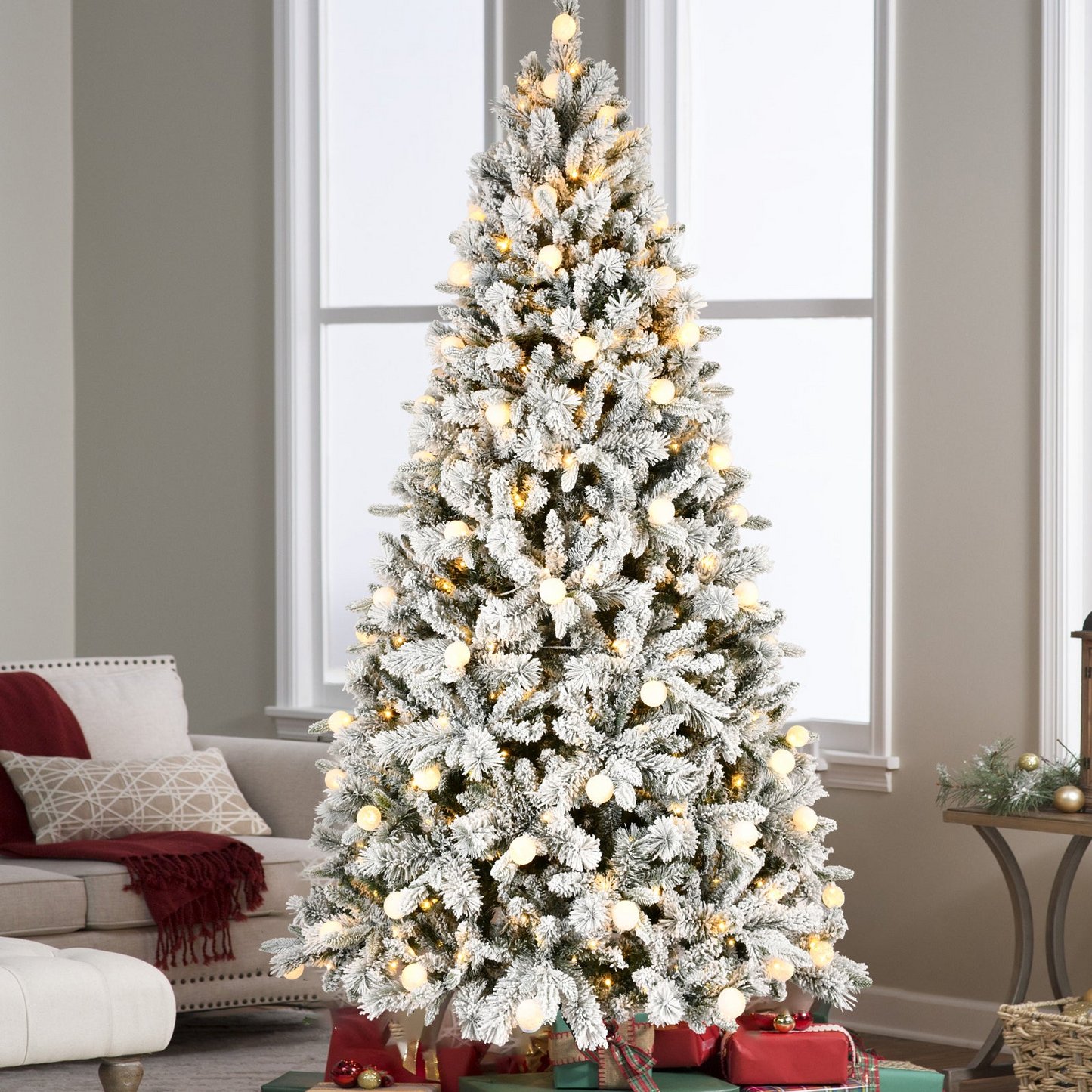 8FT PE+PVC Floceked Christmas Tree with Easy Power & Memory Wire Technology, 470 Dual-Color LEDs With 10 Function, G45 Bulbs, and 1793 Tips , Innovative Holiday Experience!