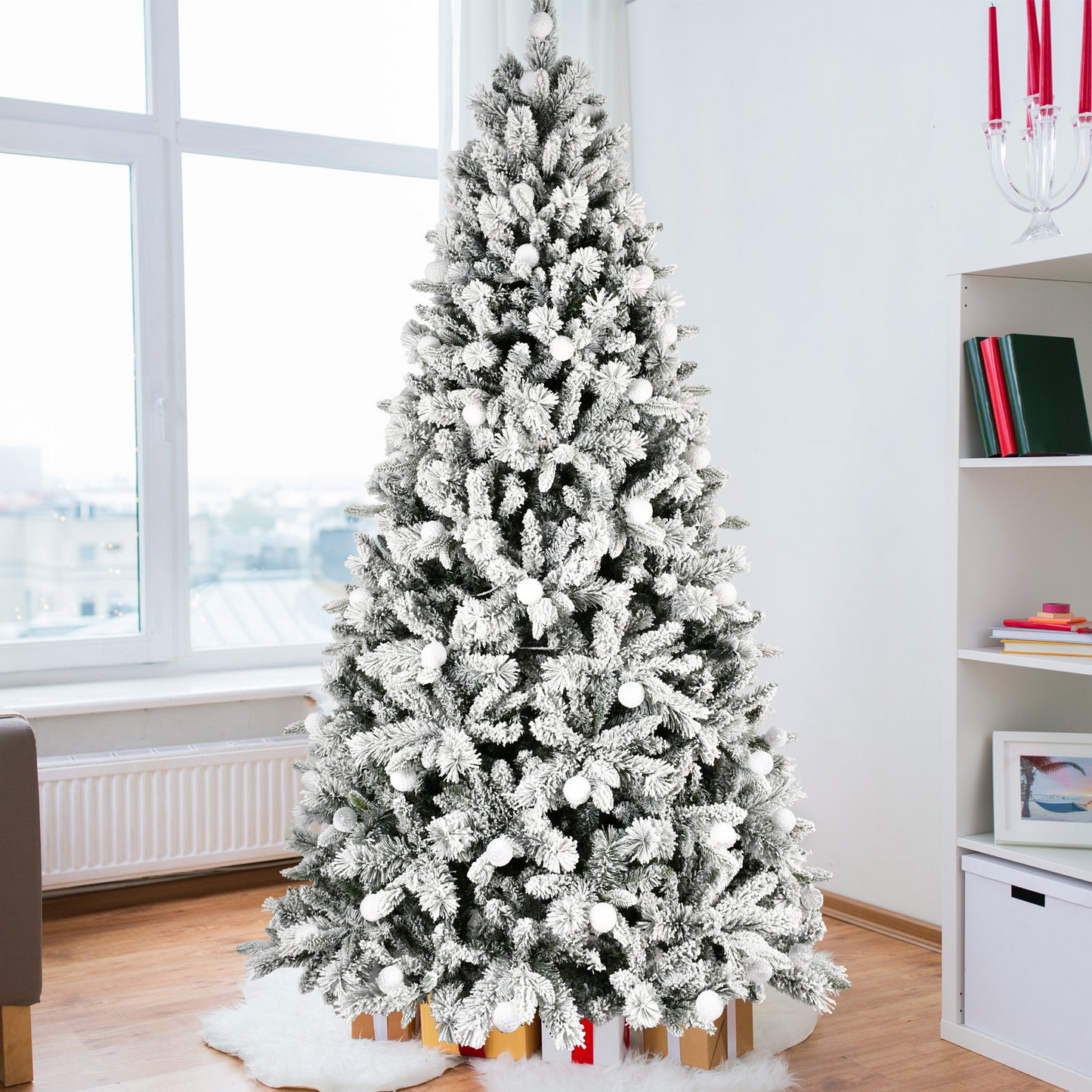 8FT PE+PVC Floceked Christmas Tree with Easy Power & Memory Wire Technology, 470 Dual-Color LEDs With 10 Function, G45 Bulbs, and 1793 Tips , Innovative Holiday Experience!