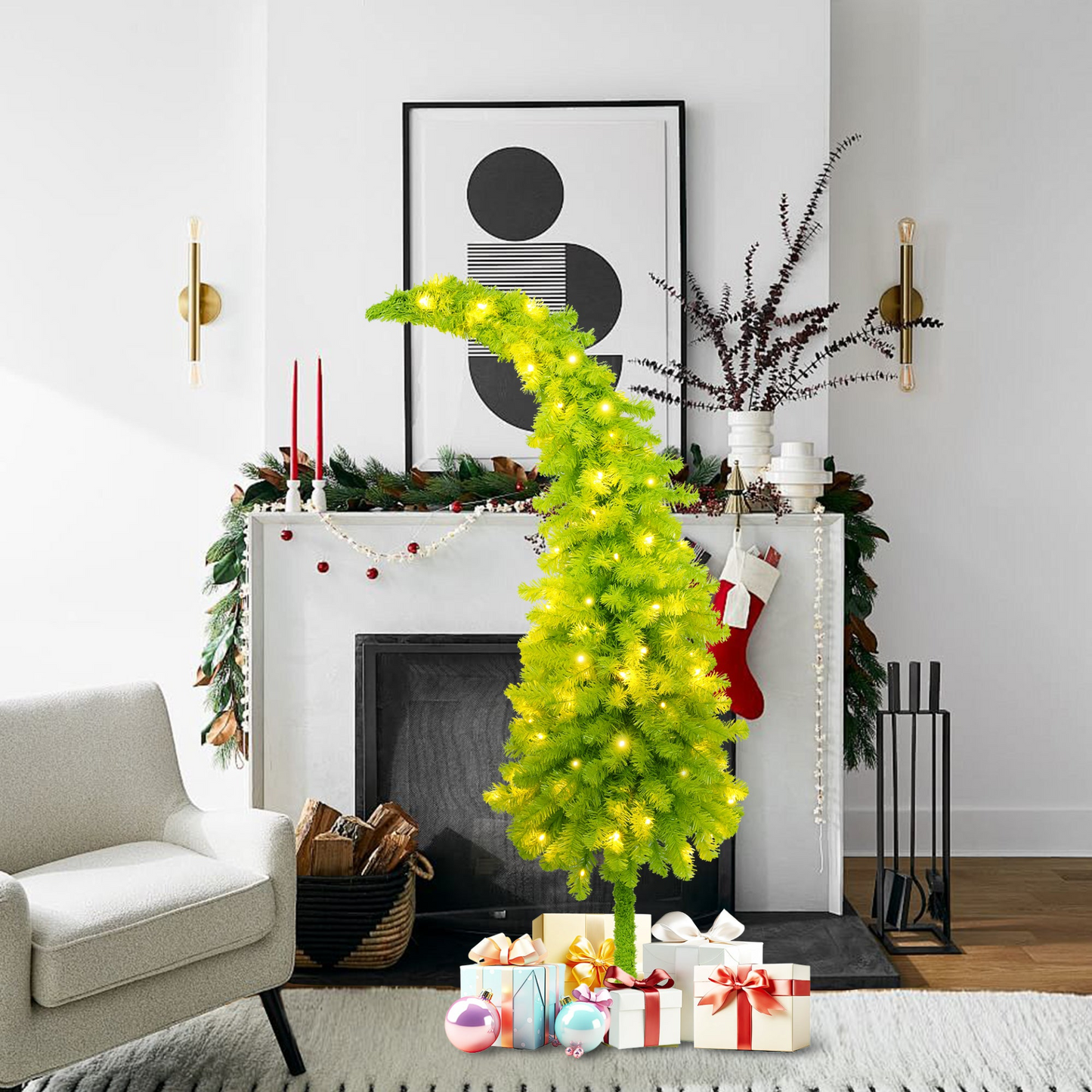 5FT Hinged Fir Artificial Fir Bent Top Christmas Tree, Xmas Tree Bendable Santa Hat Style Christmas Tree Holiday Decoration,400 Lush Branch Tips, 100 LED Lights X-mas