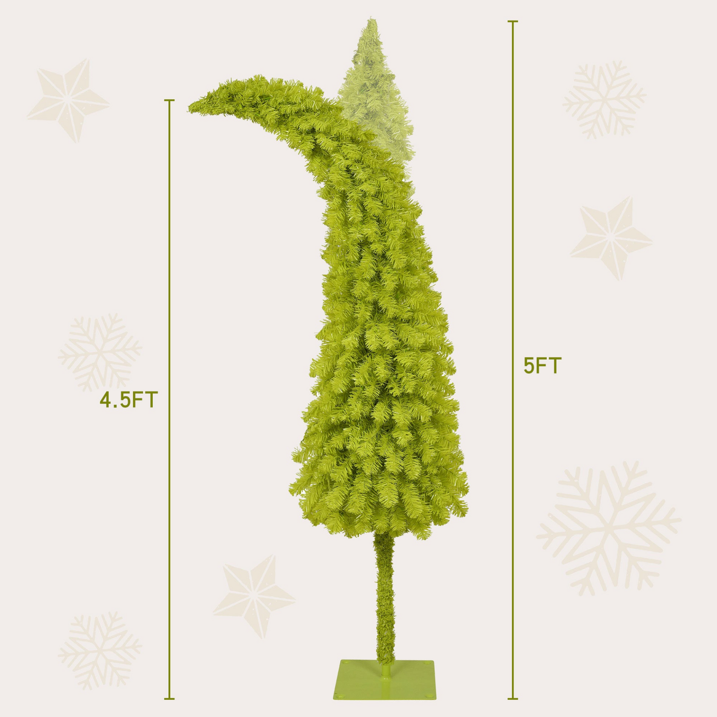 5FT Hinged Fir Artificial Fir Bent Top Christmas Tree, Xmas Tree Bendable Santa Hat Style Christmas Tree Holiday Decoration,400 Lush Branch Tips, 100 LED Lights X-mas