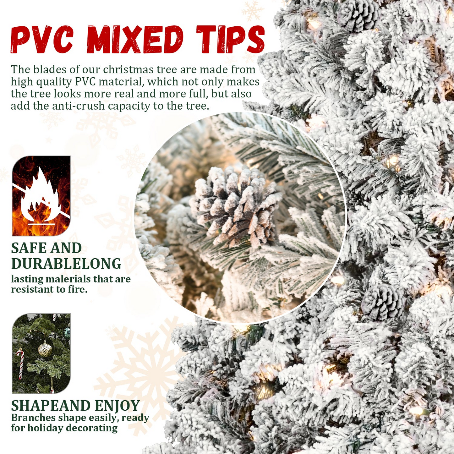 6FT Snow-Flocked Artificial Christmas Tree with Pine Cones, Prelit Xmas Trees, Hinged Easy Assembly & Reinforced Metal Base - Ideal for Indoor & Outdoor Festive Decorations