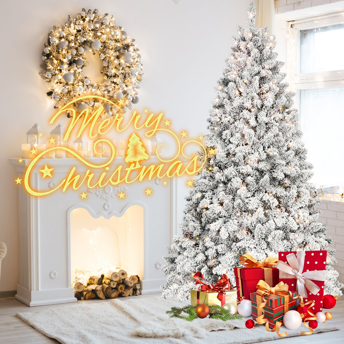 6FT Snow-Flocked Artificial Christmas Tree with Pine Cones, Prelit Xmas Trees, Hinged Easy Assembly & Reinforced Metal Base - Ideal for Indoor & Outdoor Festive Decorations