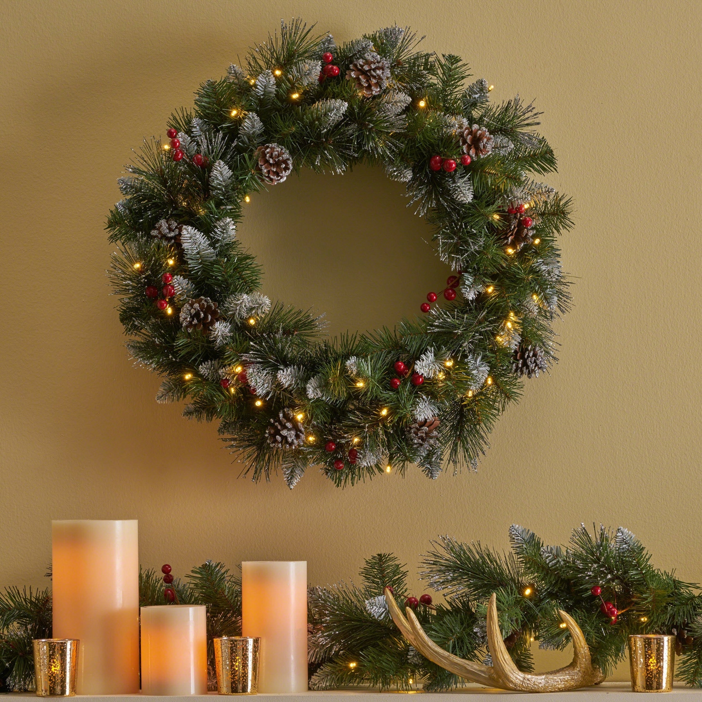 2-packed 24'' Glitter Bristle Mixed Wreath with with 9 Red Berry and 9 Pine Cones and 50 Warm White LED Lights with Timer-Battery Operated-Outdoor, 150 tips
