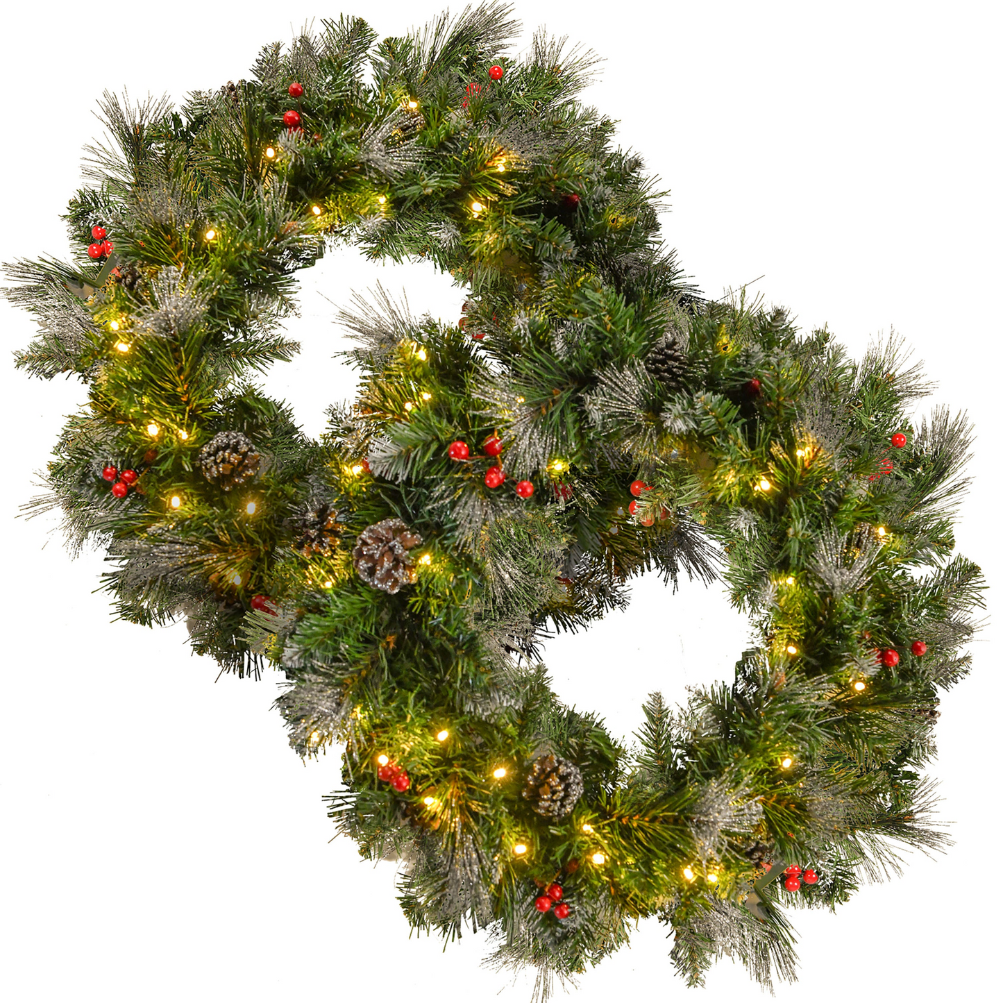 2-packed 24'' Glitter Bristle Mixed Wreath with with 9 Red Berry and 9 Pine Cones and 50 Warm White LED Lights with Timer-Battery Operated-Outdoor, 150 tips