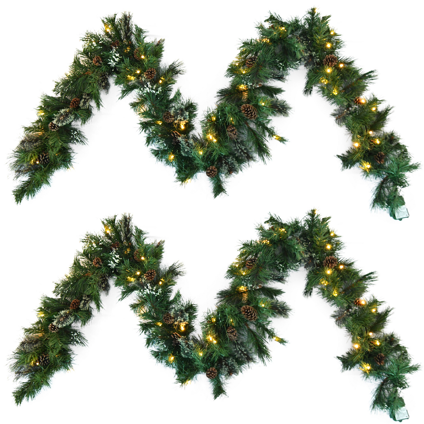 2-packed 9'X10'' Cashmere and Snow Bristle Garland with 20 Pine Cones and with 50 Warm White LED Lights with Timer-Battery Operated-Outdoor,160 Tips