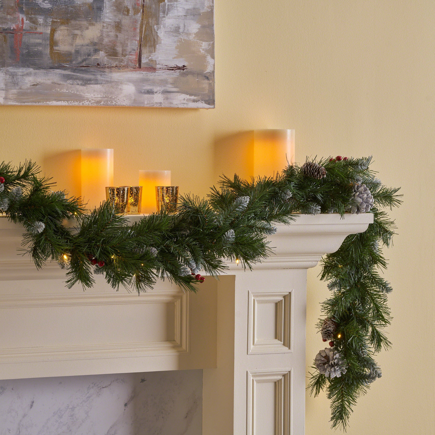 2-packed 9'X10'' Mixed Frosted Garland with 20 Pine Cones and 10 Red Berry with 50 Warm White LED Lights with Timer-Battery Operated-Outdoor, 200 Tips