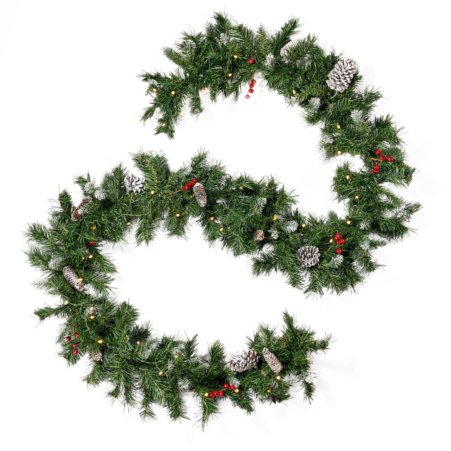2-packed 9'X10'' Mixed Frosted Garland with 20 Pine Cones and 10 Red Berry with 50 Warm White LED Lights with Timer-Battery Operated-Outdoor, 200 Tips