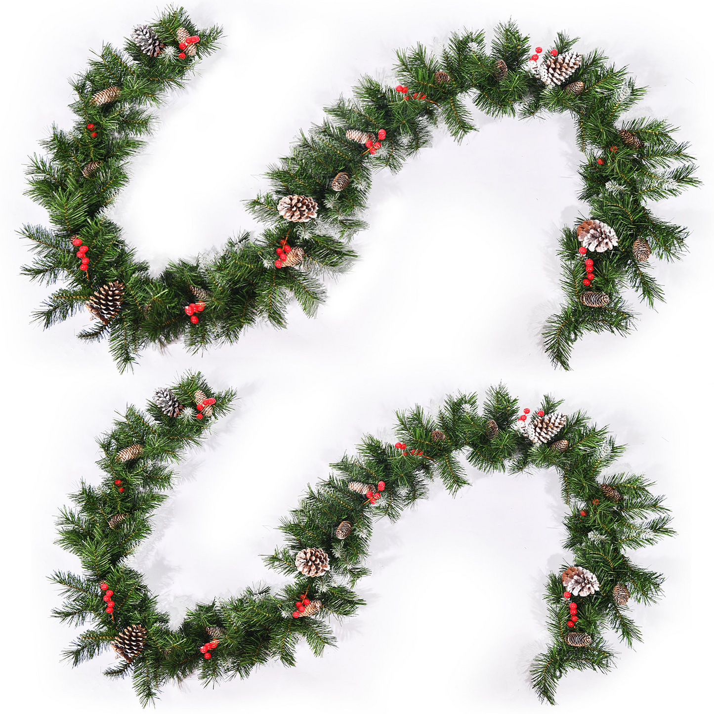 2-packed 9'X10'' Mixed Frosted Garland with 20 Pine Cones and 10 Red Berry with 50 Warm White LED Lights with Timer-Battery Operated-Outdoor, 200 Tips