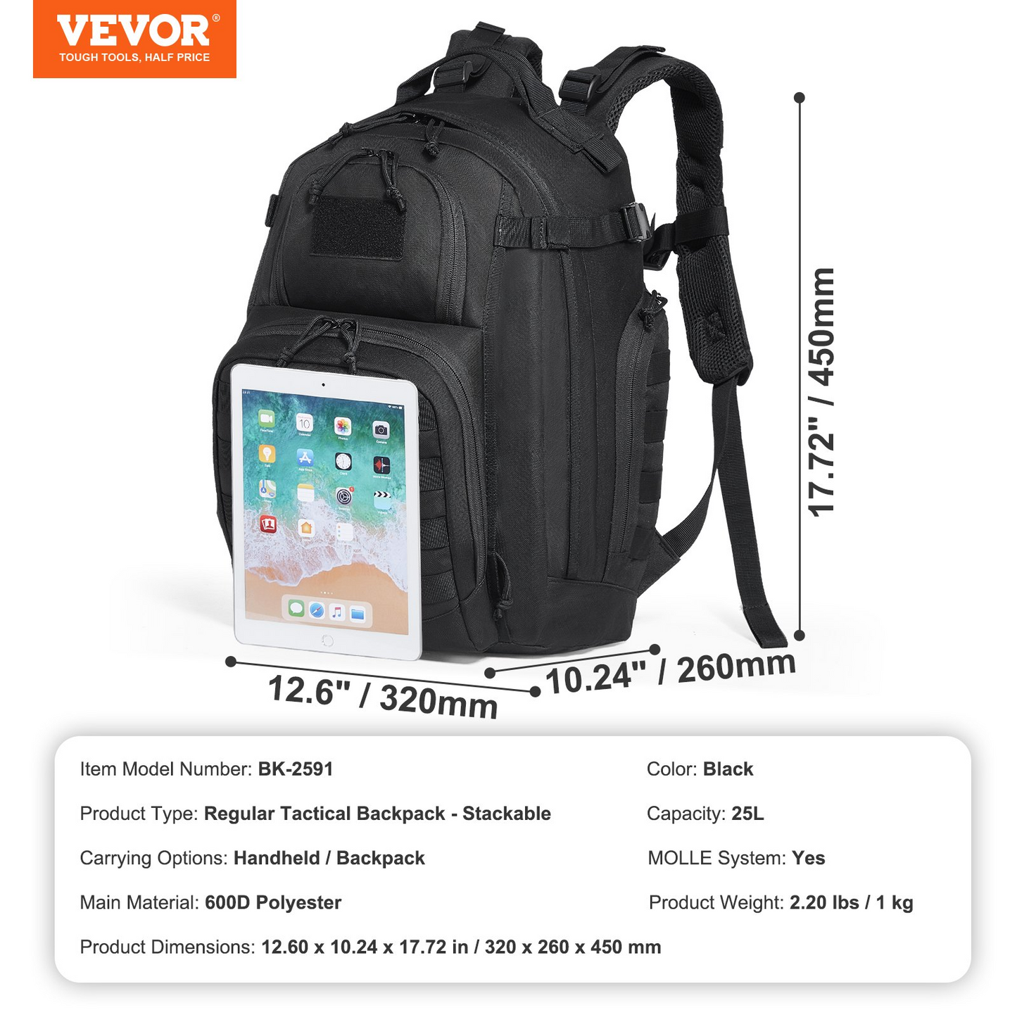 Tactical Backpack 25L Military Backpack with Molle Mode & Sponge Pad Black