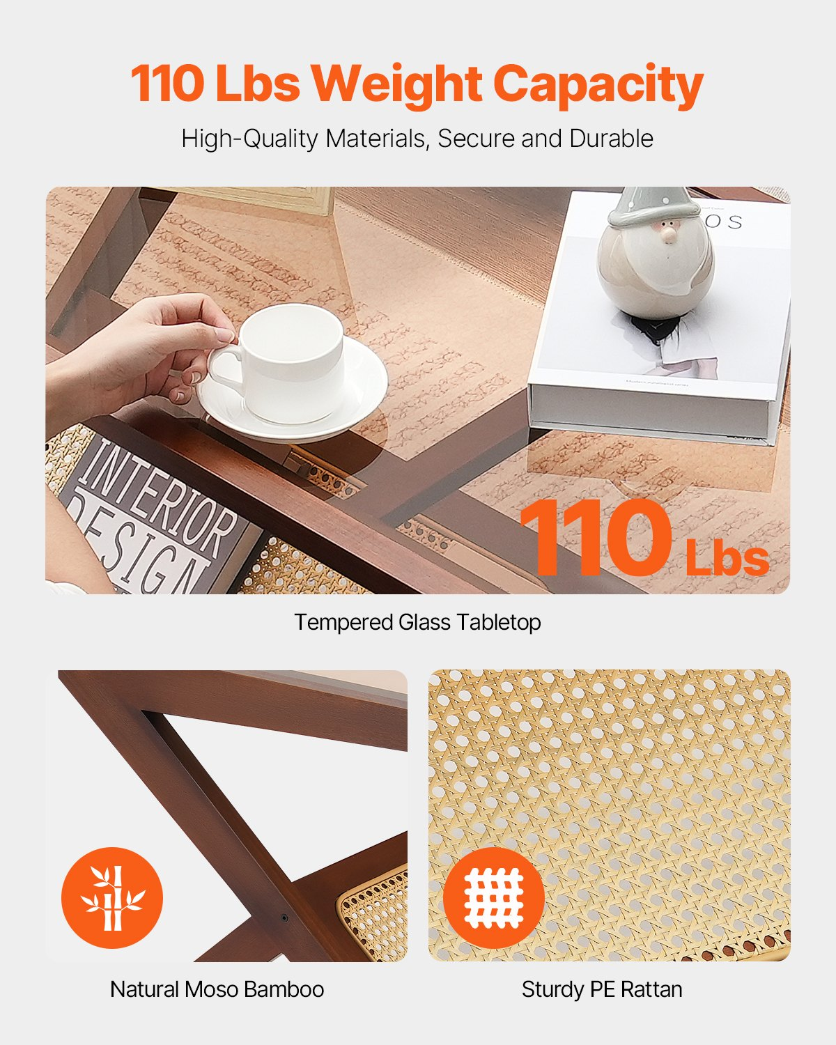 VEVOR Rattan Coffee Table, Z-Shaped Rattan Woven Bamboo End Table with Tempered Glass Top, 47” Modern Boho Storage Coffee Table with Natural Bamboo Legs, for Living Room, Bedroom & Small Spaces, Walnut
