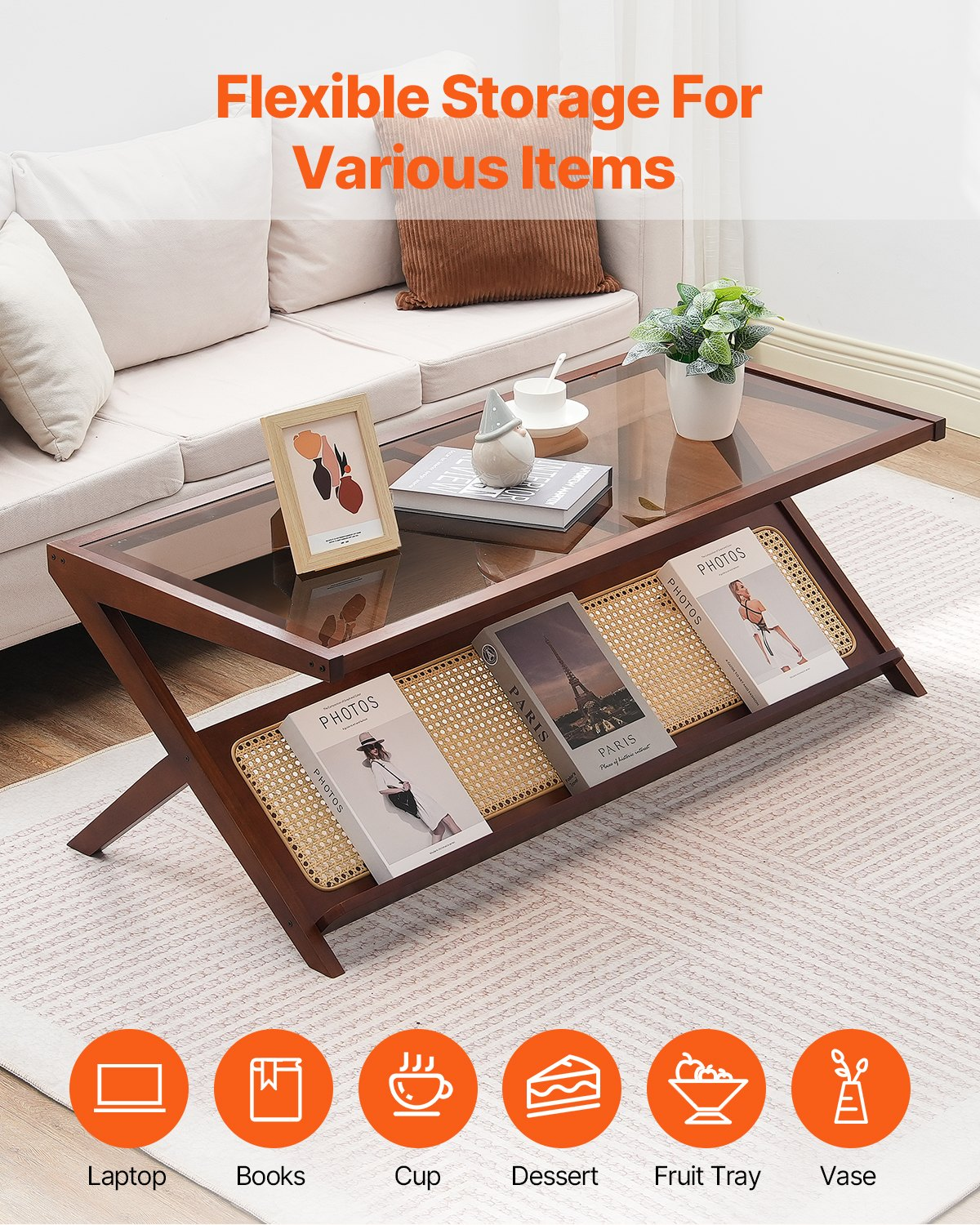 VEVOR Rattan Coffee Table, Z-Shaped Rattan Woven Bamboo End Table with Tempered Glass Top, 47” Modern Boho Storage Coffee Table with Natural Bamboo Legs, for Living Room, Bedroom & Small Spaces, Walnut