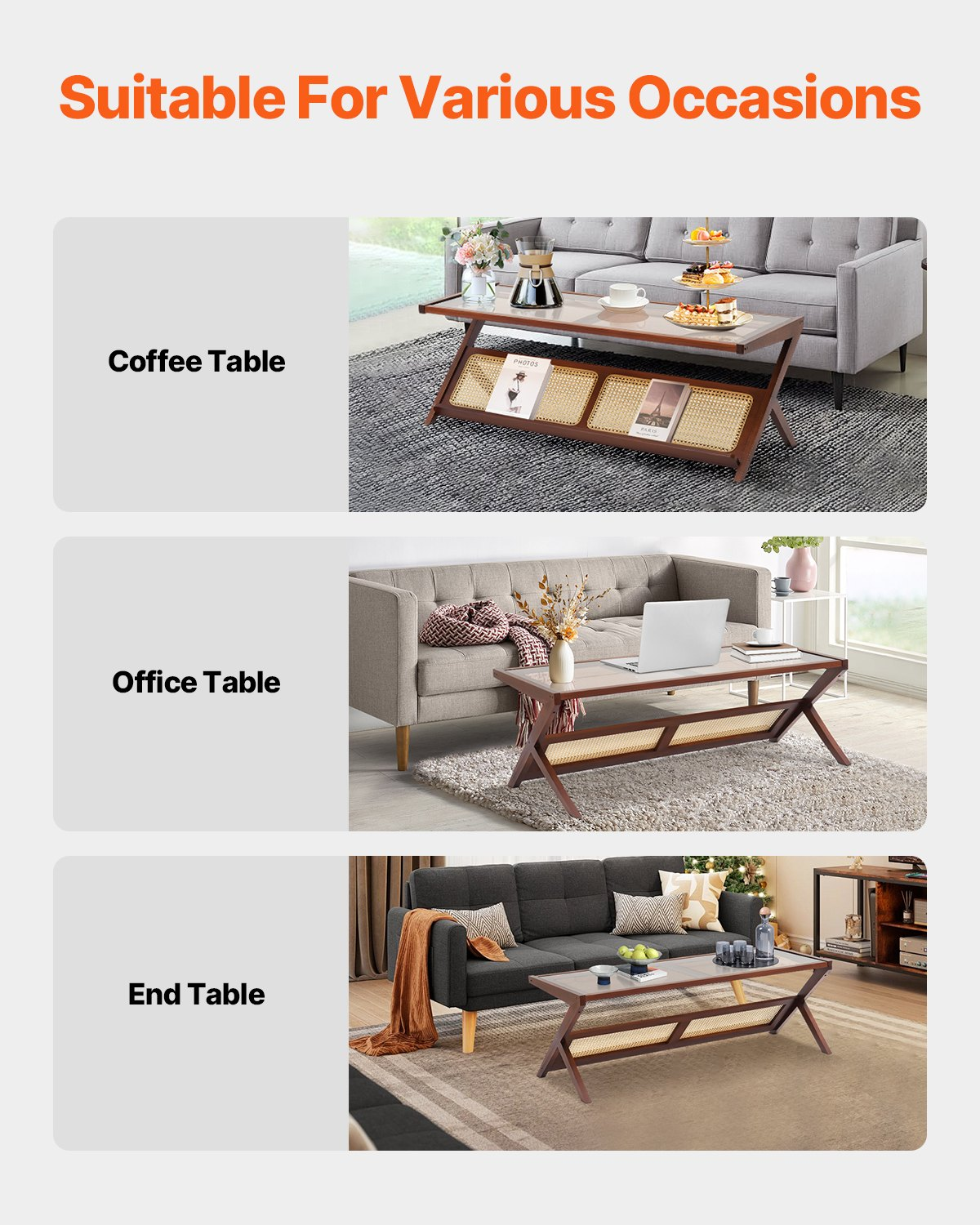 VEVOR Rattan Coffee Table, Z-Shaped Rattan Woven Bamboo End Table with Tempered Glass Top, 47” Modern Boho Storage Coffee Table with Natural Bamboo Legs, for Living Room, Bedroom & Small Spaces, Walnut
