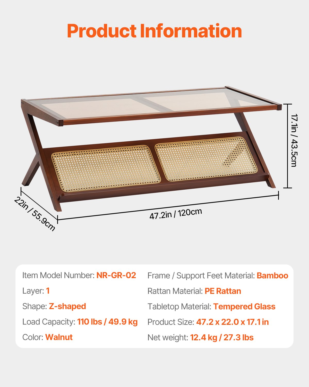 VEVOR Rattan Coffee Table, Z-Shaped Rattan Woven Bamboo End Table with Tempered Glass Top, 47” Modern Boho Storage Coffee Table with Natural Bamboo Legs, for Living Room, Bedroom & Small Spaces, Walnut