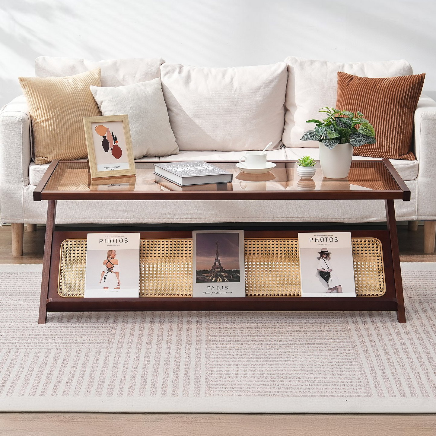 VEVOR Rattan Coffee Table, Z-Shaped Rattan Woven Bamboo End Table with Tempered Glass Top, 47” Modern Boho Storage Coffee Table with Natural Bamboo Legs, for Living Room, Bedroom & Small Spaces, Walnut