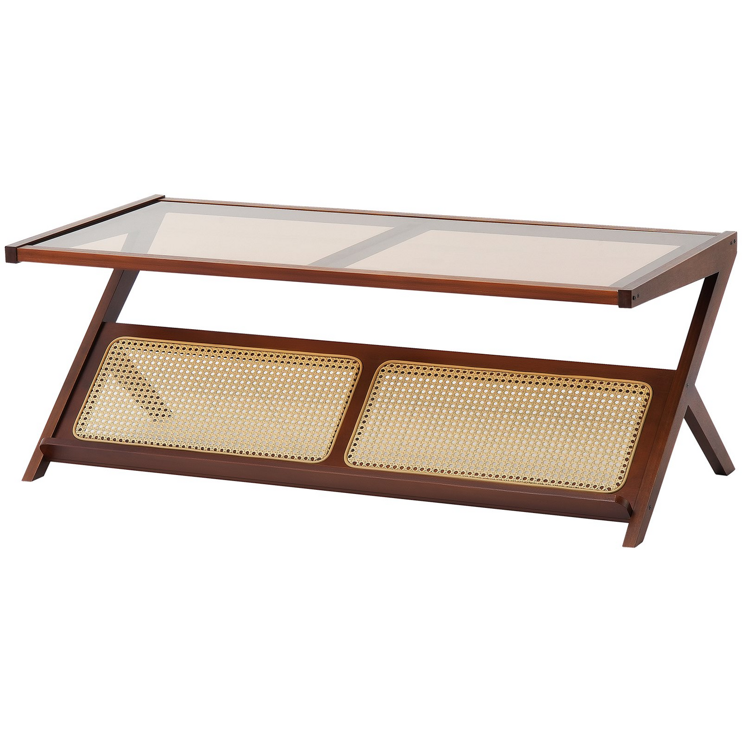 VEVOR Rattan Coffee Table, Z-Shaped Rattan Woven Bamboo End Table with Tempered Glass Top, 47” Modern Boho Storage Coffee Table with Natural Bamboo Legs, for Living Room, Bedroom & Small Spaces, Walnut