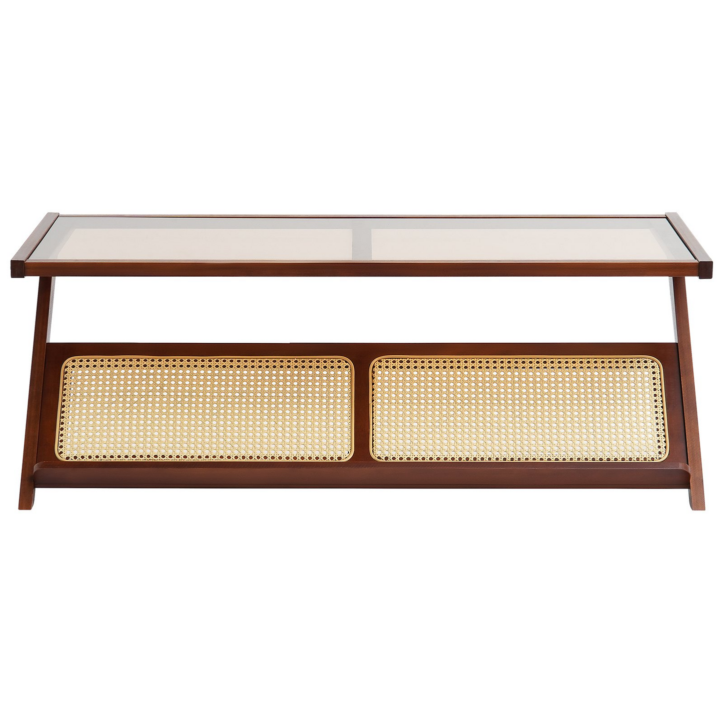 VEVOR Rattan Coffee Table, Z-Shaped Rattan Woven Bamboo End Table with Tempered Glass Top, 47” Modern Boho Storage Coffee Table with Natural Bamboo Legs, for Living Room, Bedroom & Small Spaces, Walnut