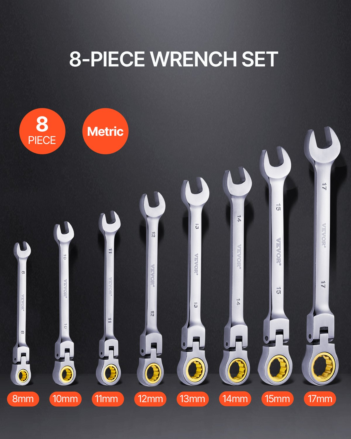 VEVOR Flex-Head Ratcheting Wrench Set 8 PC Metric 8 mm-17 mm with Roll-up Pouch