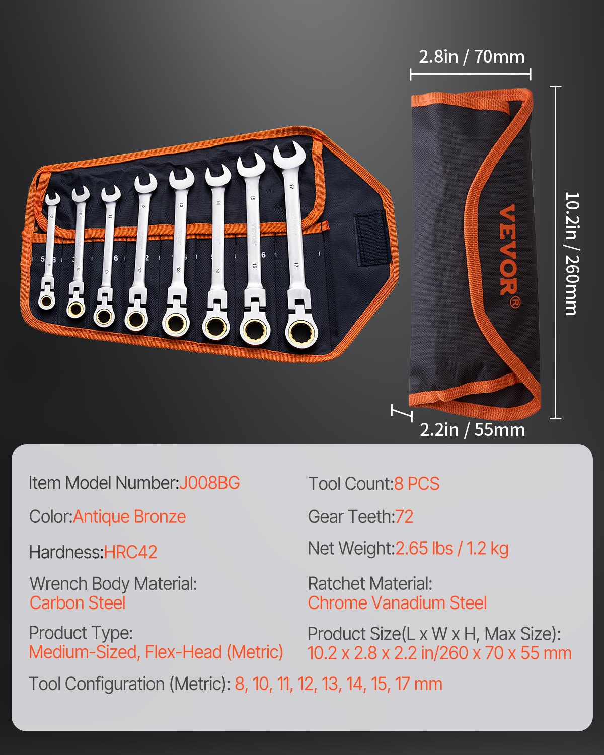 VEVOR Flex-Head Ratcheting Wrench Set 8 PC Metric 8 mm-17 mm with Roll-up Pouch