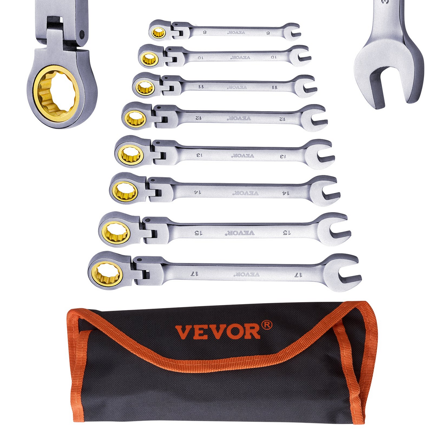 VEVOR Flex-Head Ratcheting Wrench Set 8 PC Metric 8 mm-17 mm with Roll-up Pouch