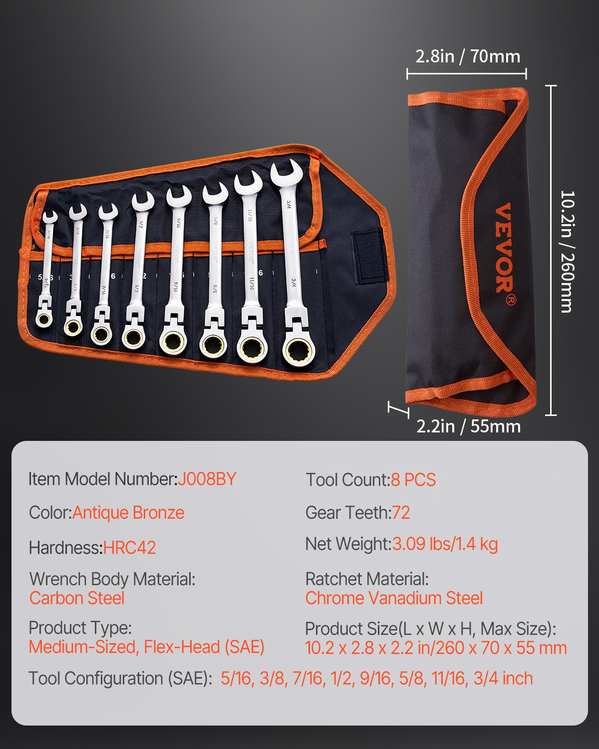 VEVOR Flex-Head Ratcheting Wrench Set 8 PCS SAE 5/16"-3/4" with Roll-up Pouch