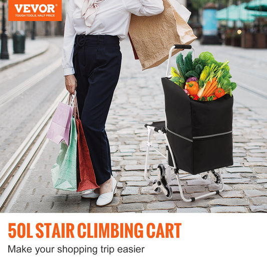 VEVOR Stair Climbing Cart 50L Foldable Shopping Cart w/ Waterproof Bag & Seat