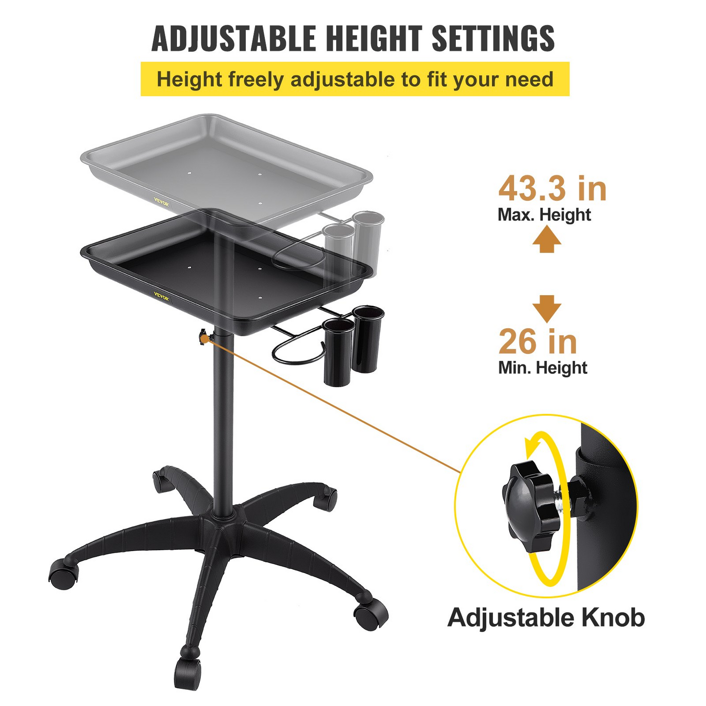 VEVOR Mayo Stand Medical Tray, Height Adjustable Stainless Steel Salon Tray Easy Assemble Tattoo Cart Lab Tray with 2 Cups & 1 Metal Ring for SPA Clinic Personal Care Lab Hospital Dentistry, Black