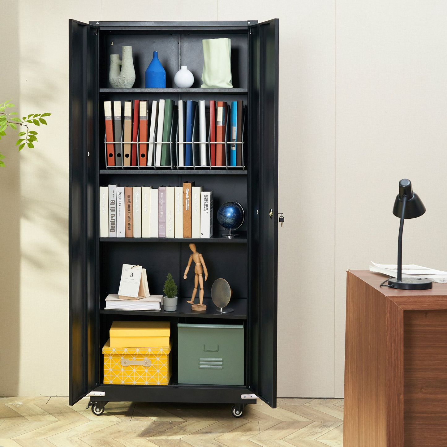 VEVOR Metal Storage Cabinet with Wheels, 75 in Locking Cabinet with 4 Adjustable Shelves & 2 Magnetic Doors, 200 lbs Capacity per Shelf, Metal Cabinet with 3 Keys for Home, Office, Garage, Black