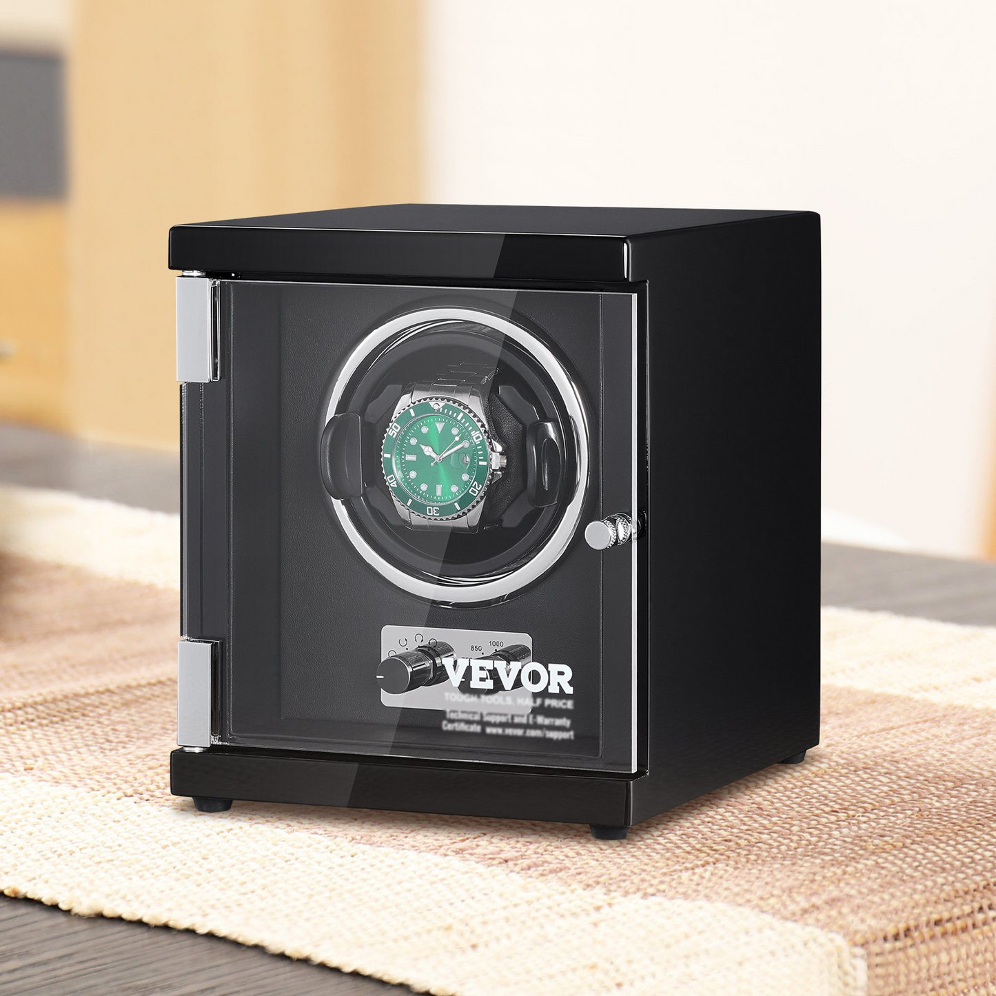 VEVOR Watch Winder, Single Watch Winder for Men's and Women's Automatic Watch, with Super Quiet Japanese Mabuchi Motor, Blue LED Light and Adapter, High-Density Board Shell and Black PU