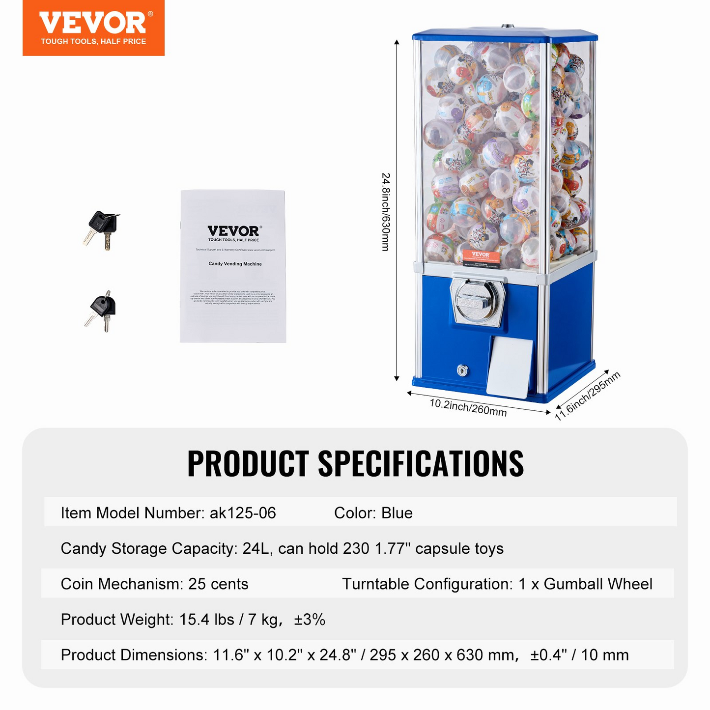 VEVOR 25"H Gumball Machine Vending Coin Bank Vintage Gumballs Dispenser PS Bule
