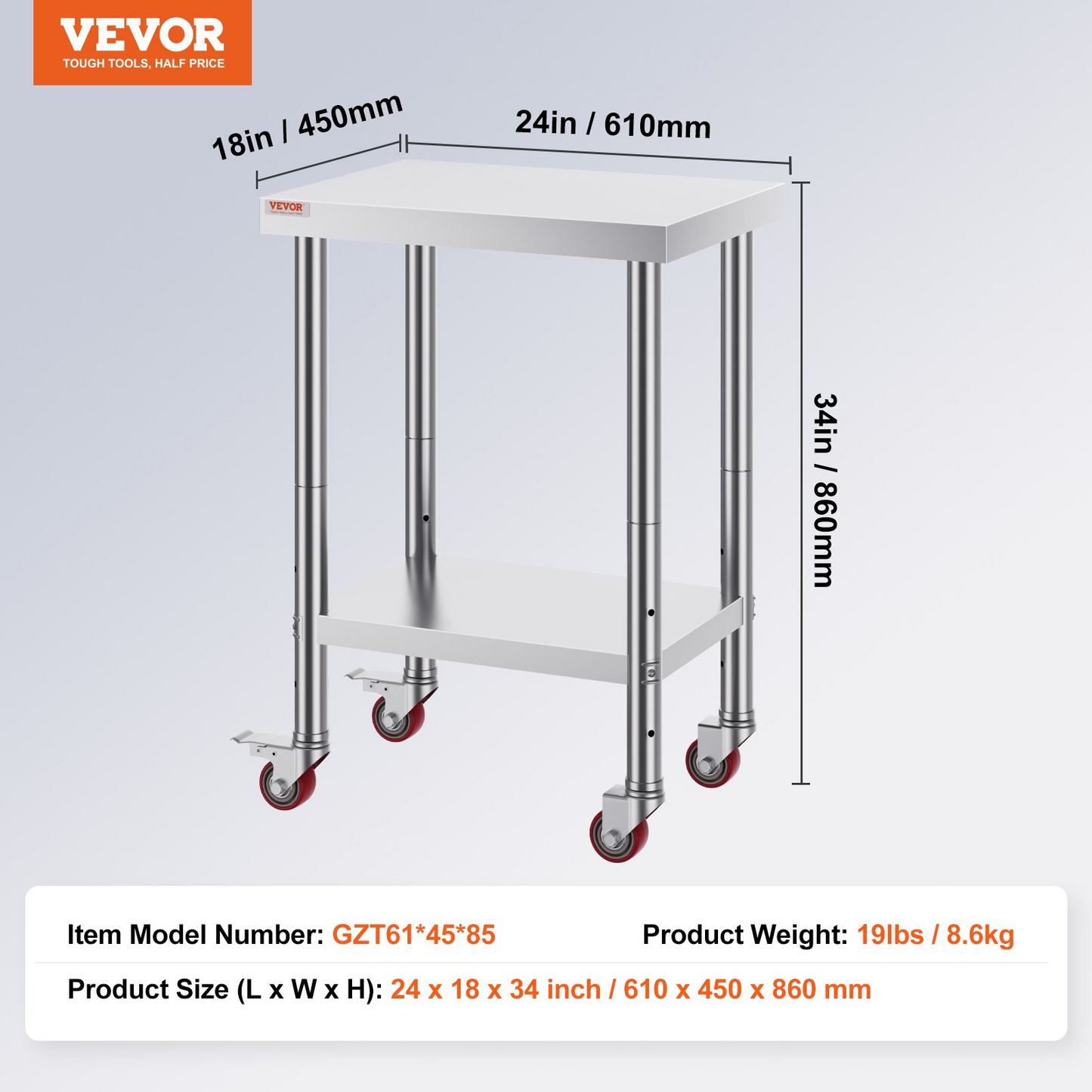 VEVOR 24x18x34 Inch Stainless Steel Work Table 3-Stage Adjustable Shelf with 4 Wheels Heavy Duty Commercial Food Prep Worktable with Brake for Kitchen Prep Work