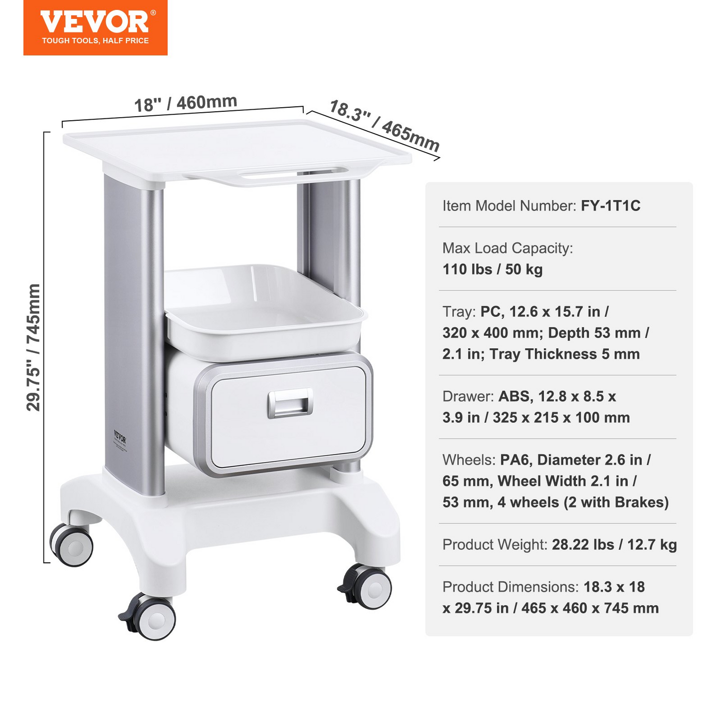 VEVOR 2 Tiers Lab Carts Mobile Medical Cart with 1 Drawer & 1 Top Tray White, Trolley Storage Cart with ABS Material, Lab Rolling Cart with 4 Silent Wheels for Lab, Clinic, Hospital, Salon, Office