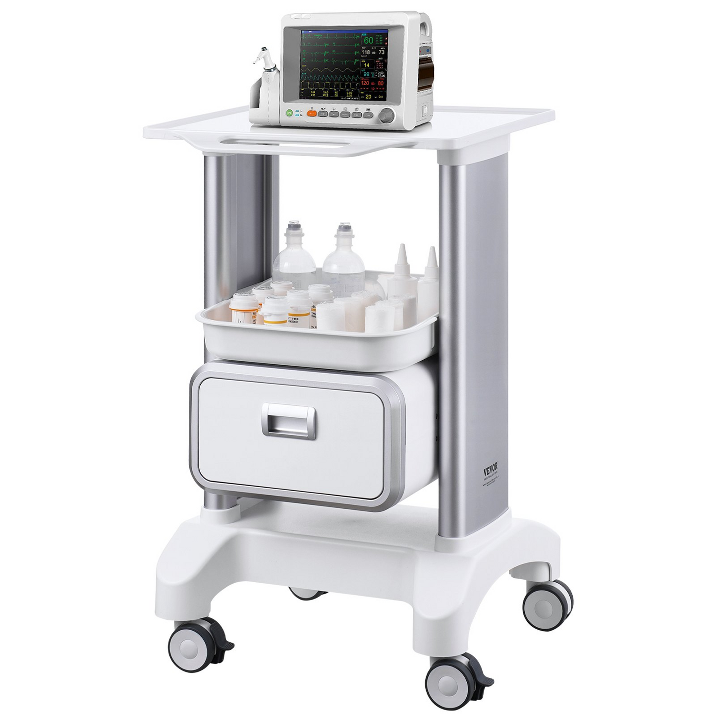 VEVOR 2 Tiers Lab Carts Mobile Medical Cart with 1 Drawer & 1 Top Tray White, Trolley Storage Cart with ABS Material, Lab Rolling Cart with 4 Silent Wheels for Lab, Clinic, Hospital, Salon, Office
