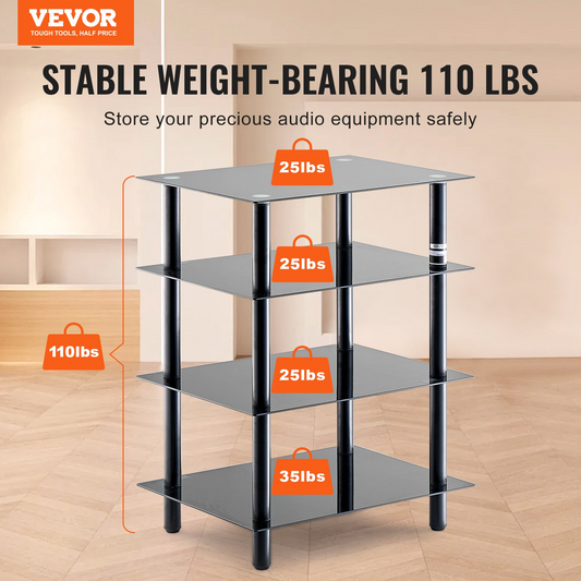 VEVOR 4-Tier AV Media Stand Strengthened Tempered Glass Audio-Video Media Stand, AV Media Stand Corner Shelf Corner Shelves Component Cabinet Stereo Audio Rack Stand Tower Perfect for DVD Players For Game Console/TV Box, Living Room Storage, Corner