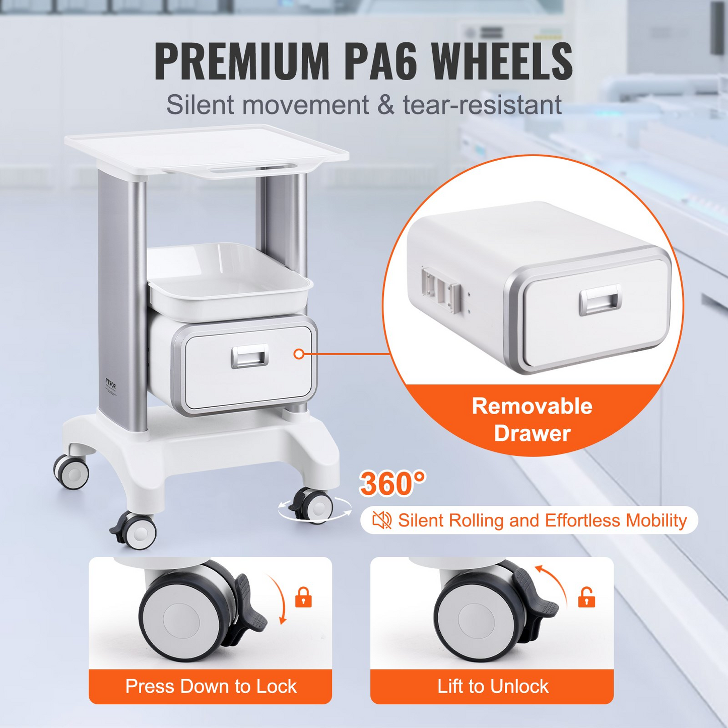 VEVOR 2 Tiers Lab Carts Mobile Medical Cart with 1 Drawer & 1 Top Tray White, Trolley Storage Cart with ABS Material, Lab Rolling Cart with 4 Silent Wheels for Lab, Clinic, Hospital, Salon, Office