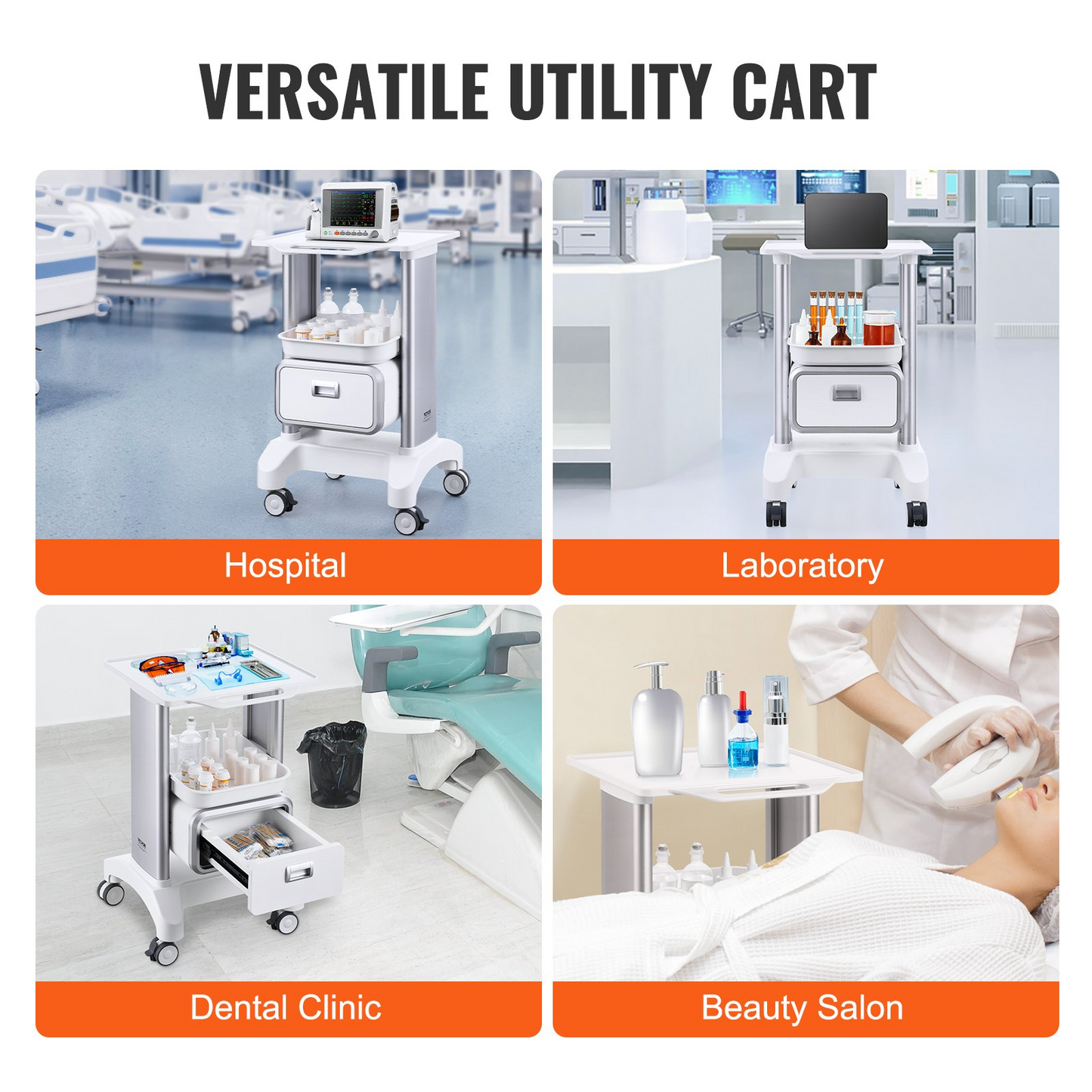 VEVOR 2 Tiers Lab Carts Mobile Medical Cart with 1 Drawer & 1 Top Tray White, Trolley Storage Cart with ABS Material, Lab Rolling Cart with 4 Silent Wheels for Lab, Clinic, Hospital, Salon, Office