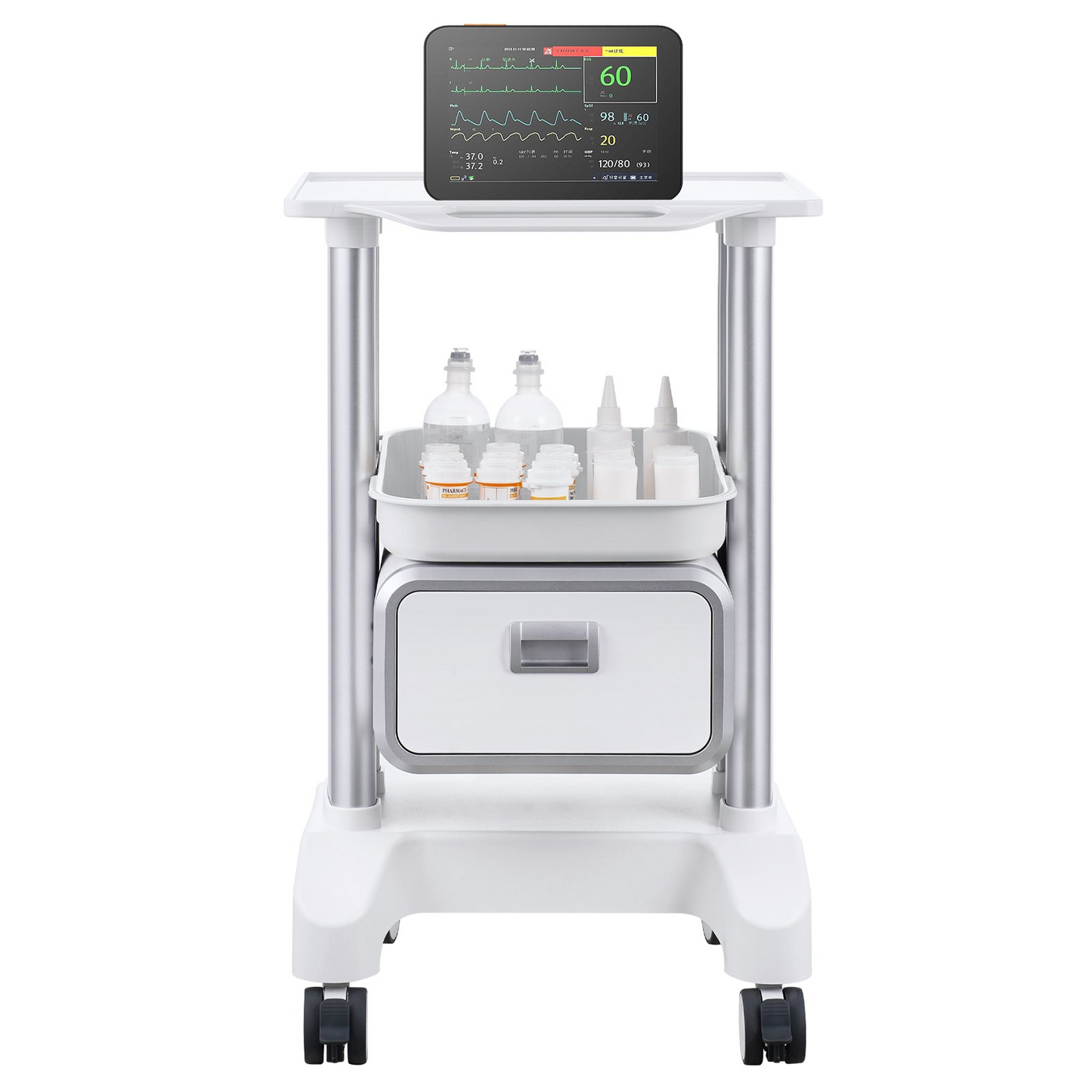 VEVOR 2 Tiers Lab Carts Mobile Medical Cart with 1 Drawer & 1 Top Tray White, Trolley Storage Cart with ABS Material, Lab Rolling Cart with 4 Silent Wheels for Lab, Clinic, Hospital, Salon, Office