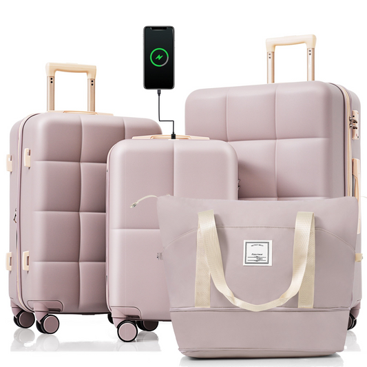 Luggage Sets 4 Piece, 20-inch with USB Port, Expandable ABS Durable Suitcase with Travel Bag,  Cup Holder, ABS Hard Shell Luggage with Spinner Wheels, RosyBrown