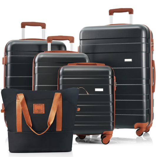 5-Piece Luggage Set with Expandable Travel Bag - Includes 16", 20", 24", 28" Suitcases with 360° Spinner Wheels and Adjustable Telescopic Handles, black and brown
