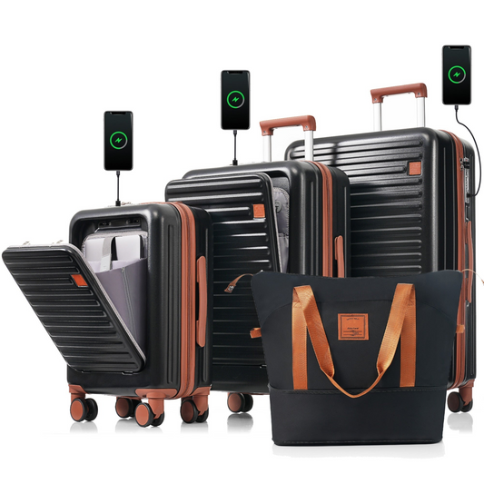 Luggage Set of 4, 20, 24, 28inch with USB Port, 20, 24inch with front opening design Airline Certified Carry on Luggage with Cup Holder, ABS Hard Shell Luggage with Expandable Travel Bag, black