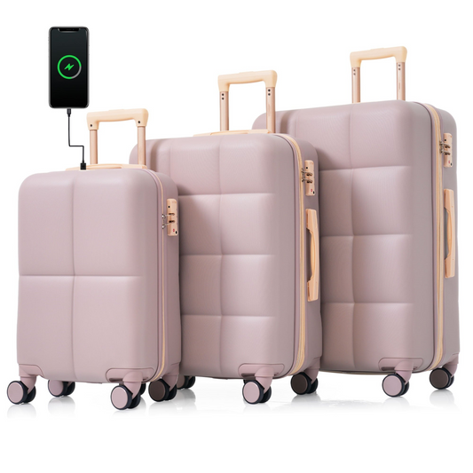 Luggage Set of 3, 20-inch with USB Port, Airline Certified Carry-on Luggage with Cup Holder, ABS Hard Shell Luggage with Spinner Wheels, RosyBrown