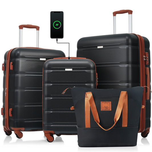 Luggage Sets 4 Piece, 20-inch with USB Port, Expandable ABS Durable Suitcase with Travel Bag,  Cup Holder, ABS Hard Shell Luggage with Spinner Wheels, black and brown